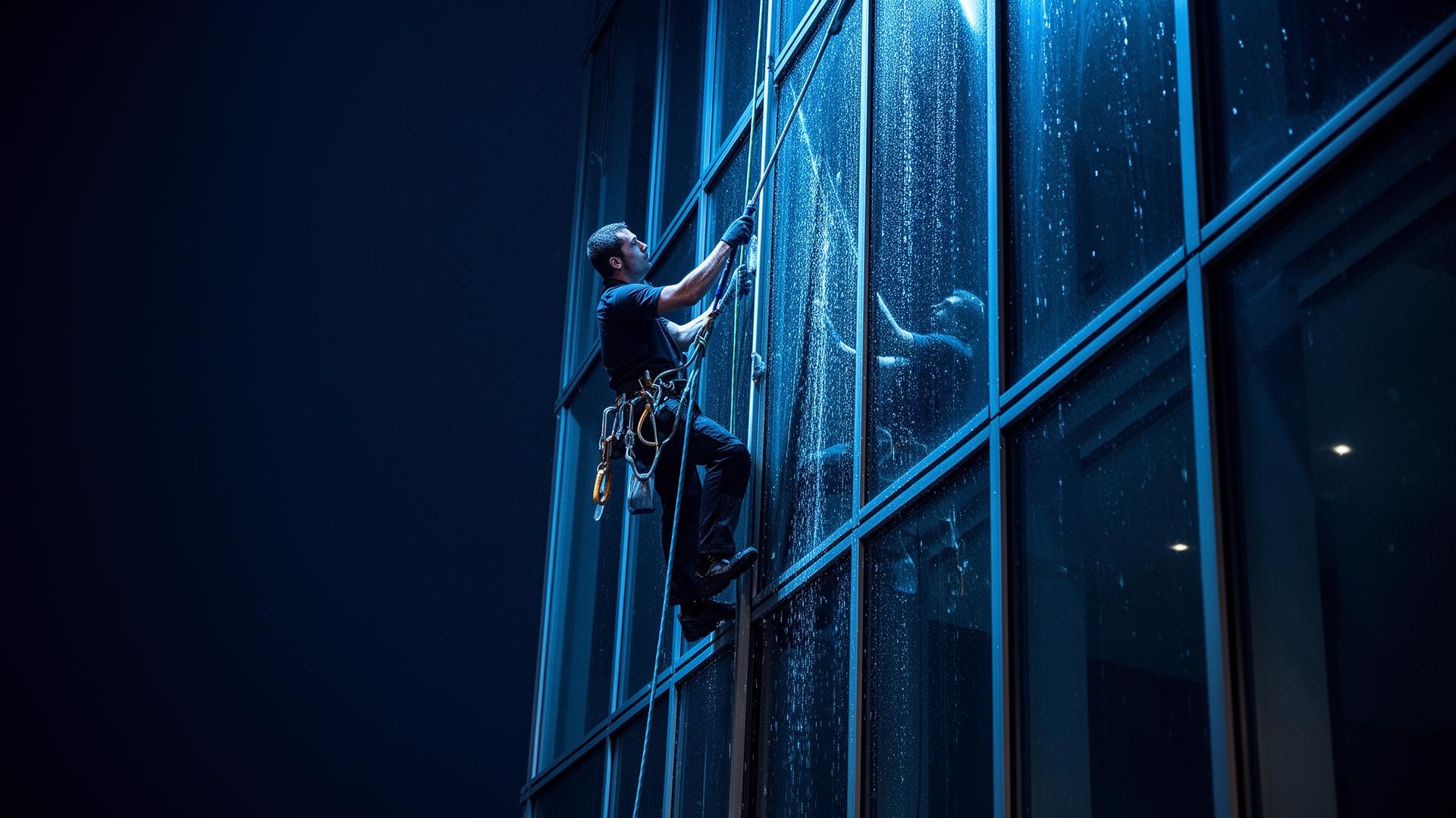 Window cleaner working on a high-rise glass building at night